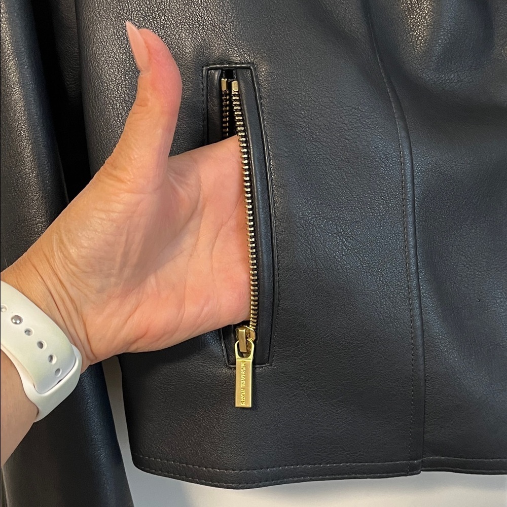 NWOT MICHAEL KORS Navy Faux Leather Moto Jacket Gold Button, Size M - Picture 11 of 11